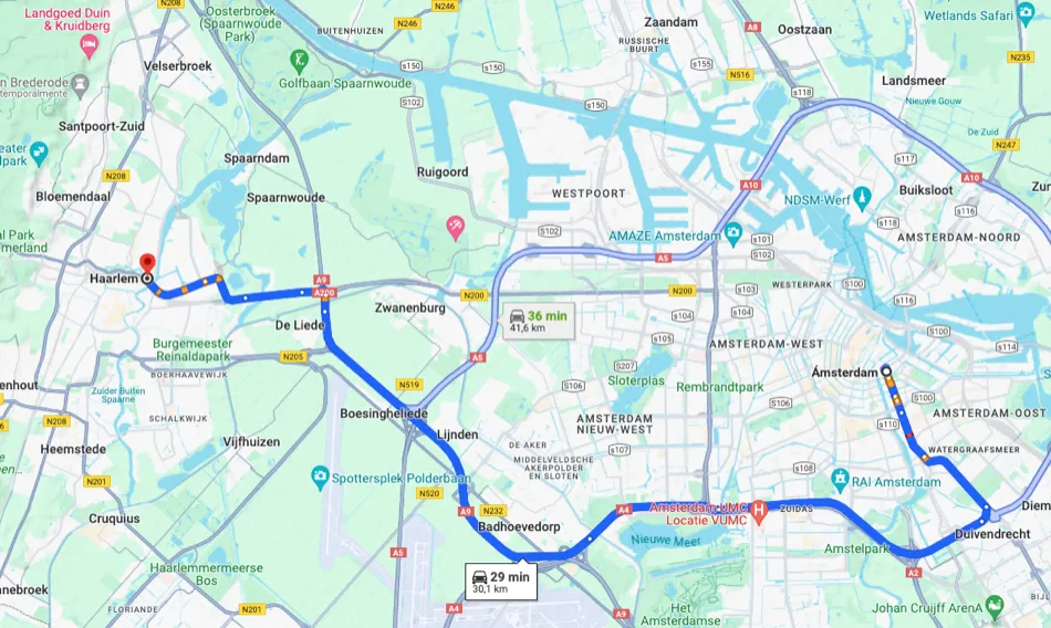 Mapa que señala la distancia entre Haarlem y Amsterdam